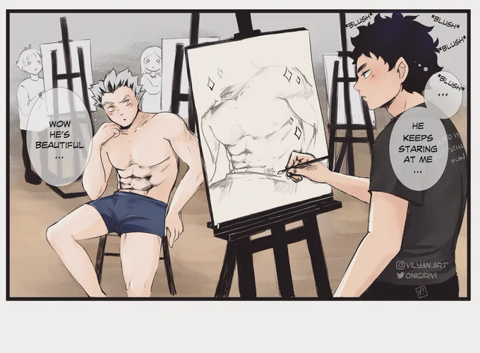 And let's goooooo! #BokuAkaWeek2021! 
Day 1 - Artist/writer AU. 
It's more like art student, but...🤫 Hope you don't mind it's more sketchy this time. I can't draw fast and I realized too late that BokuAka week is coming... 
#bokuakaweek #BokuAka @BokuakaWeek 