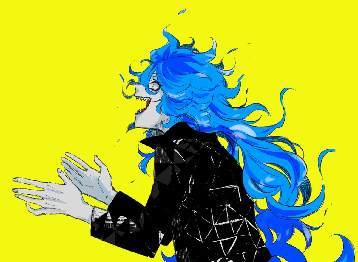 male focus 1boy long hair yellow background blue hair sharp teeth solo  illustration images