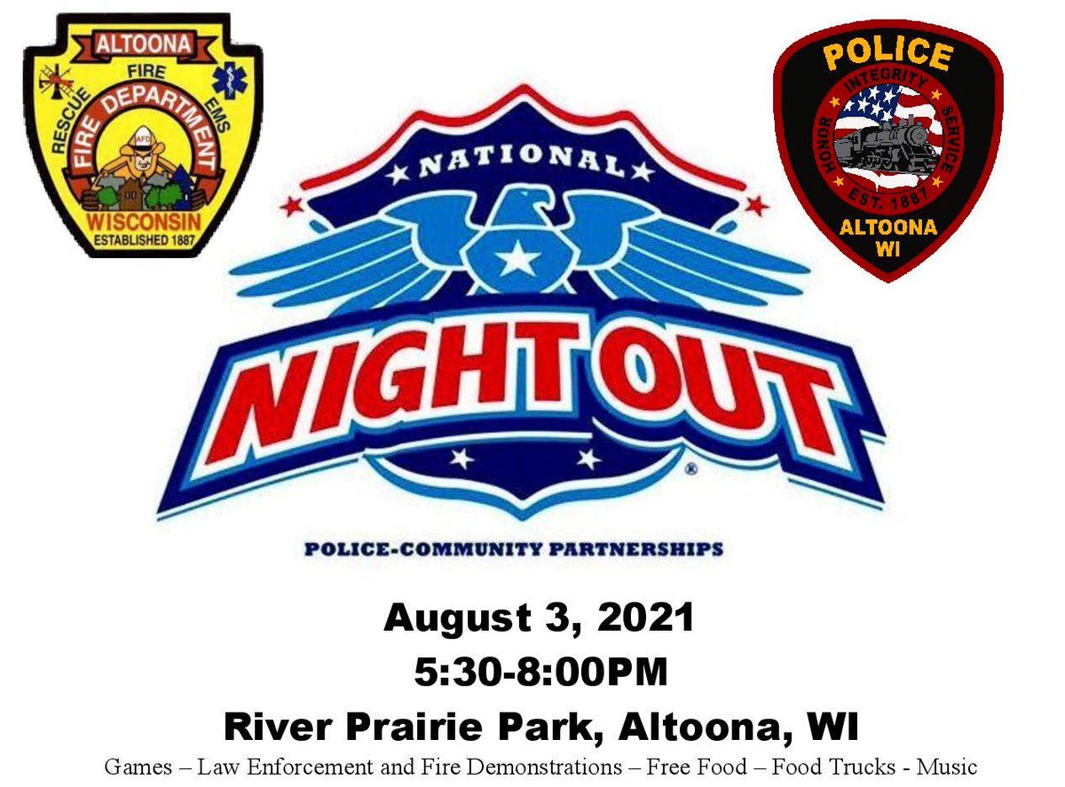 Don’t forget to add National Night Out to your calendars for Tuesday, August 3rd!!! We will be at River Prairie Park from 5:30-8:00pm with community organizations, emergency services from the area, free food, additional food trucks, and lots of games and dancing!!!