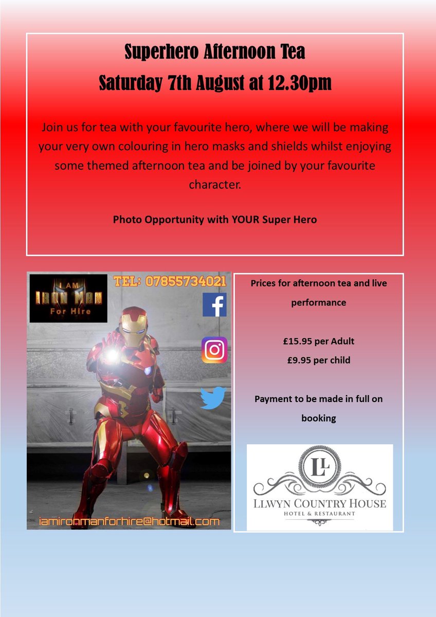 iamironmanforhire (@ironmanforhire) on Twitter photo canโt wait to fly in and meet all the little Superheroโs ๐ฆธ๐ปโโ๏ธ & Princessโs ๐ธ๐ฝ next Saturday from 12.30pm - 2.30pm at the <a href="/LlwynCH/">Llwyn Country House</a> Afternoon Tea Party โ๏ธ๐ฐ Come say Hello & have a Cool Photo with Iron Man #IAmIronManForHire ๐ค๐ฆพ๐๐ผ๐ต #IronMan #Retweet #LlwynCountryHouse #AfternoonTea canโt wait to fly in and meet all the little Superheroโs ๐ฆธ๐ปโโ๏ธ & Princessโs ๐ธ๐ฝ next Saturday from 12.30pm - 2.30pm at the <a href="/LlwynCH/">Llwyn Country House</a> Afternoon Tea Party โ๏ธ๐ฐ Come say Hello & have a Cool Photo with Iron Man #IAmIronManForHire ๐ค๐ฆพ๐๐ผ๐ต #IronMan #Retweet #LlwynCountryHouse #AfternoonTea