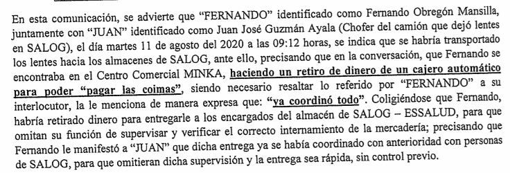 Epicentro_TV's tweet photo. En estas comunicaciones interceptadas la Policía advierte que los investigados Juan Obregón Mansilla (proveedor de Essalud) y Juan José Guzmán Ayala (chofer) coordinan el retiro de dinero de un cajero "para pagar las coimas". https://t.co/pXiwnboUTK