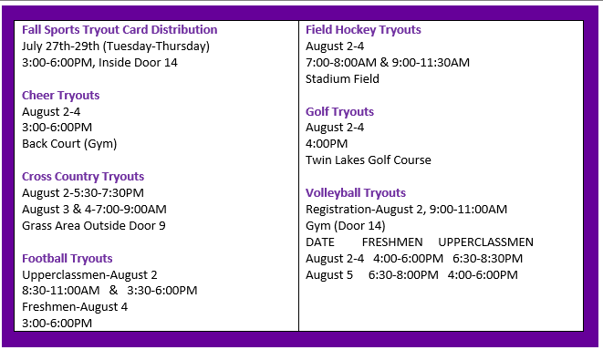 Fall Sports Tryout Schedule! 📣🏃‍♂️🏃‍♀️👯‍♂️🏑🏈⛳️🏐🐻💜💛@smith2dw <a href="/FCPSLBSS/">Lake Braddock SS</a>