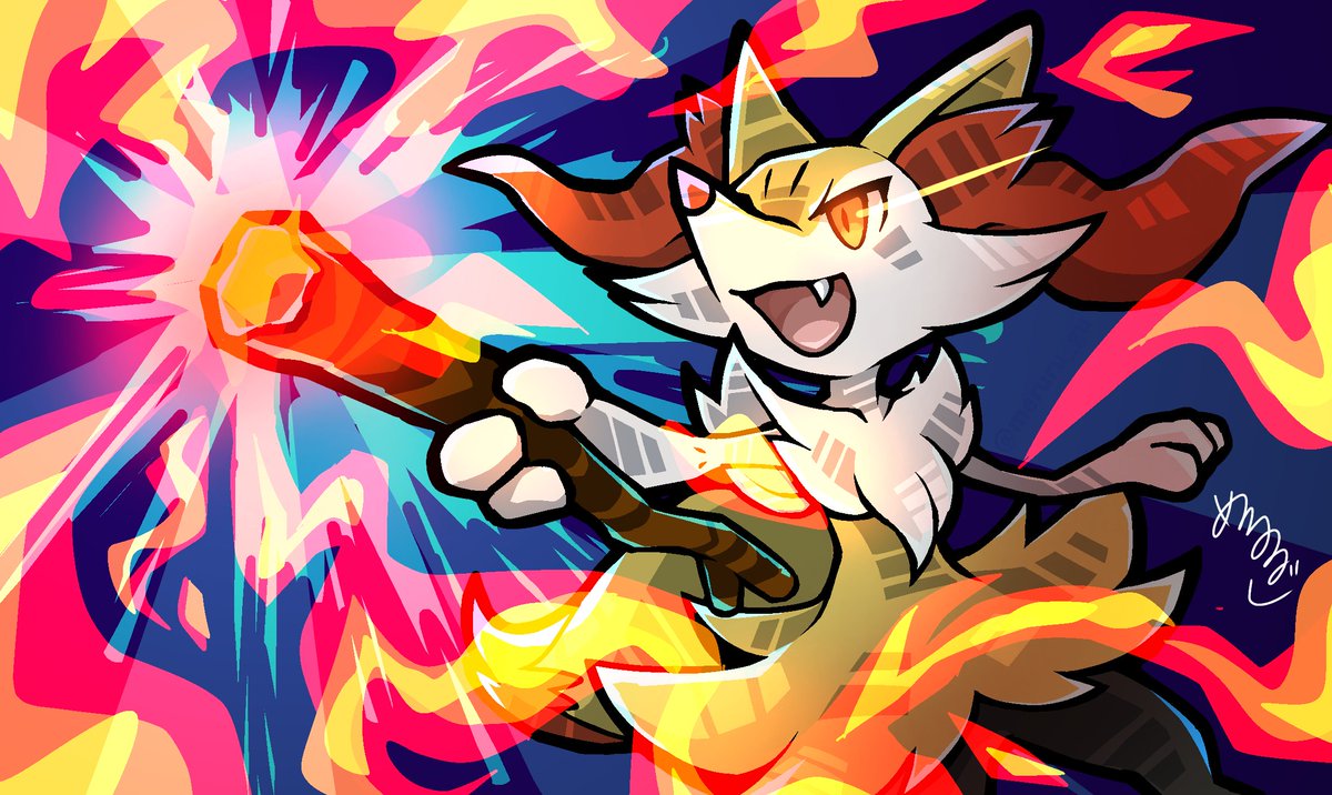 braixen stick solo holding stick animal ear fluff fire pokemon (creature) signature  illustration images