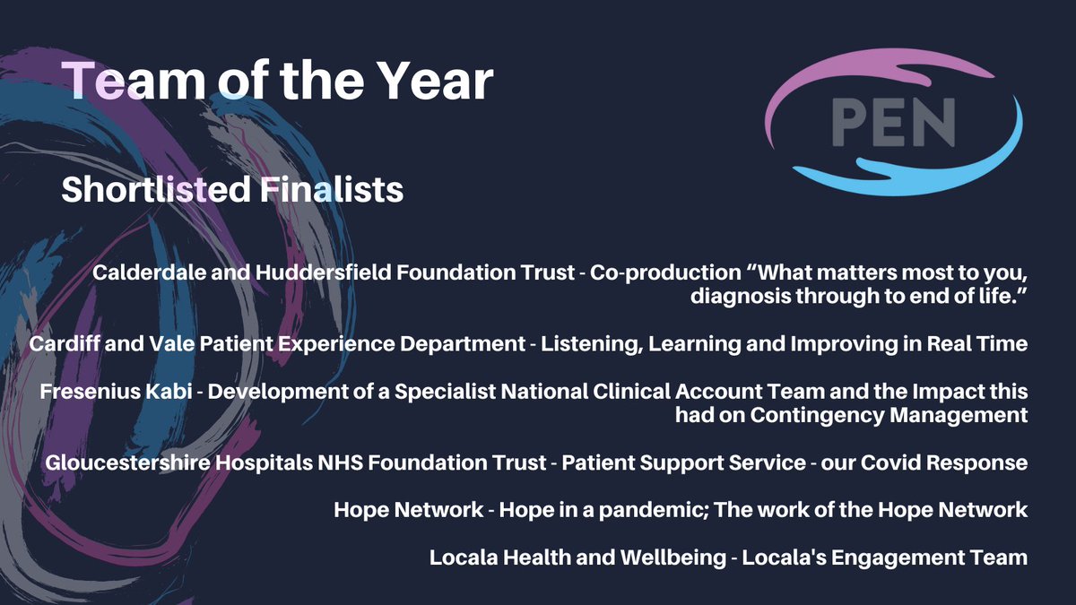 Ruth Evans MBE at PEN (@pen_news) on Twitter photo Congratulations to all of the shortlisted finalists in this category! <a href="/FreseniusKabi/">Fresenius Kabi</a> <a href="/CHFTNHS/">Calderdale and Huddersfield NHS Foundation Trust</a> <a href="/locala/">Locala Health & Wellbeing</a> <a href="/lgoodbu/">Lesley Goodburn</a> <a href="/CAV_PETeam/">Patient Experience Team</a> <a href="/gloshospitals/">Gloucestershire Hospitals NHS Foundation Trust</a> We look forward to hearing about your projects in September! #PENNA21 #PatExp Congratulations to all of the shortlisted finalists in this category! <a href="/FreseniusKabi/">Fresenius Kabi</a> <a href="/CHFTNHS/">Calderdale and Huddersfield NHS Foundation Trust</a> <a href="/locala/">Locala Health & Wellbeing</a> <a href="/lgoodbu/">Lesley Goodburn</a> <a href="/CAV_PETeam/">Patient Experience Team</a> <a href="/gloshospitals/">Gloucestershire Hospitals NHS Foundation Trust</a> We look forward to hearing about your projects in September! #PENNA21 #PatExp