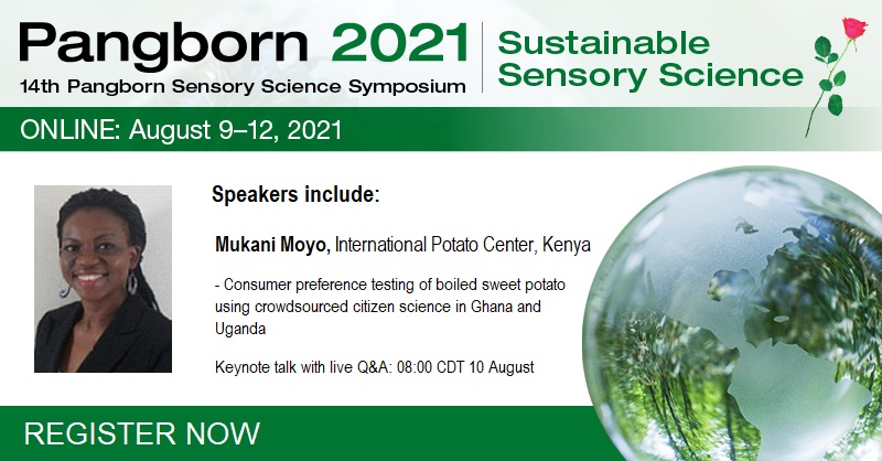 pangbornsymp's tweet image. Hear Mukani Moyo of the International Potato Center, Kenya on #consumerpreference testing of boiled sweet potato using crowdsourced citizen science at #Pangborn2021. Keynote talk 08:00 CDT 10 August
Register to take part at bit.ly/PANG2021