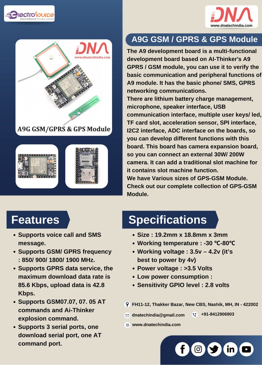 dnatechindia's tweet image. A9G GSM/GPRS &amp;amp; GPS Module

#gpsmodule #GPS #GPRS #iotsolutions #InnovateTheFuture #IITMadras #iitdelhi #iitmumbai #iitbombay #iitkanpur #iitguwahati #engineeringstudent #engineeringlife #electricalengineering #electronicsengineering #technology
#pune #mumbai #EngineerJobs