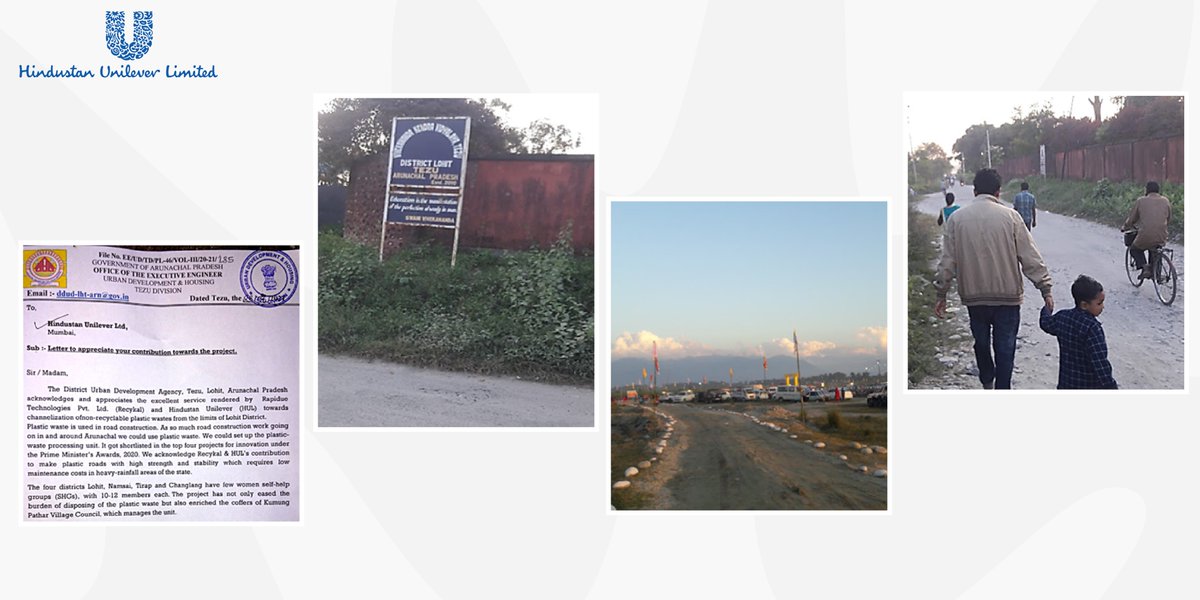 HUL_News's tweet photo. Glad that our #PlasticCollection efforts have helped the District Urban Development Agency in #Tezu #Lohit #ArunachalPradesh, to incorporate #plastic into #RoadMaking for better strength. The project was also shortlisted under the #PrimeMinistersAwards 2020! ♻️ https://t.co/AWDnCzRif8