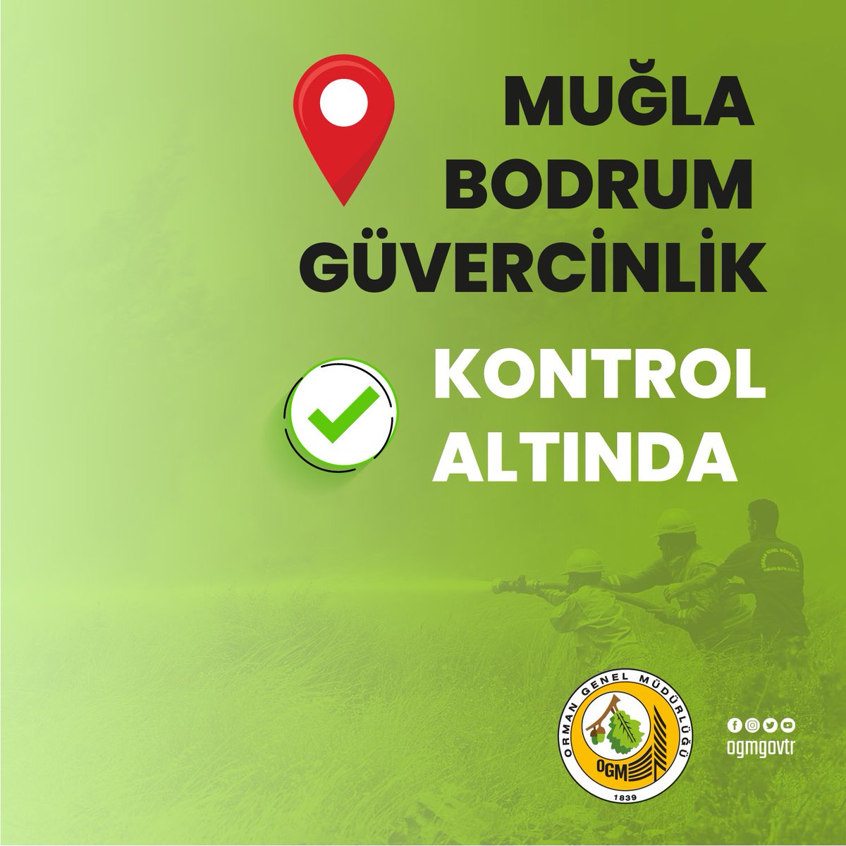 Yangınlarla savaşımızı kazanıyoruz!

Kahramanlarımızın özverili çalışmaları neticesinde:

📍Kahramanmaraş ✅
📍Kayseri/Yahyalı ✅
📍Muğla/Milas ✅
📍Muğla-Bodrum/Gümüşlük ✅

Orman yangınlarını kontrol altına aldık.

Soğutma çalışmalarımız devam ediyor.

#YeşilVatan