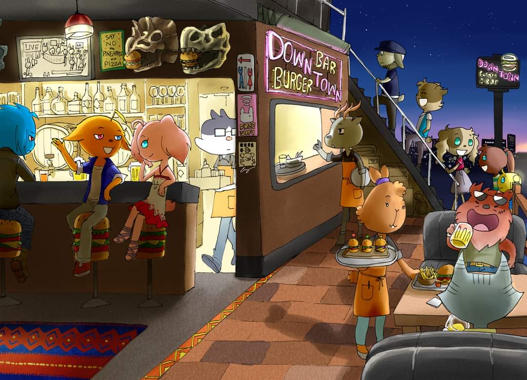 Evy Myers Art Myart Illustration Bunnies Oc Downtown Hamburger Bar Pub Restaurant Nightlife うさぎ ウサギ 兎 男の子 女の子 ハンバーガー バー パブ イラスト オリキャラ T Co Yadbvdj1vr