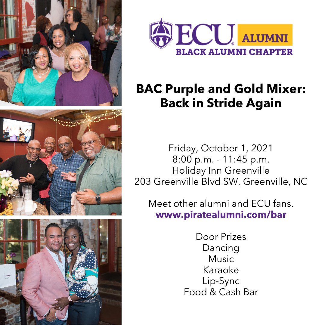 The BAC Purple &amp; Gold Mixer: Back in Stride Again will be Friday, October 1st 8pm-11:45pm at the Holiday Inn Greenville. Don't miss it! 💜💛☠️