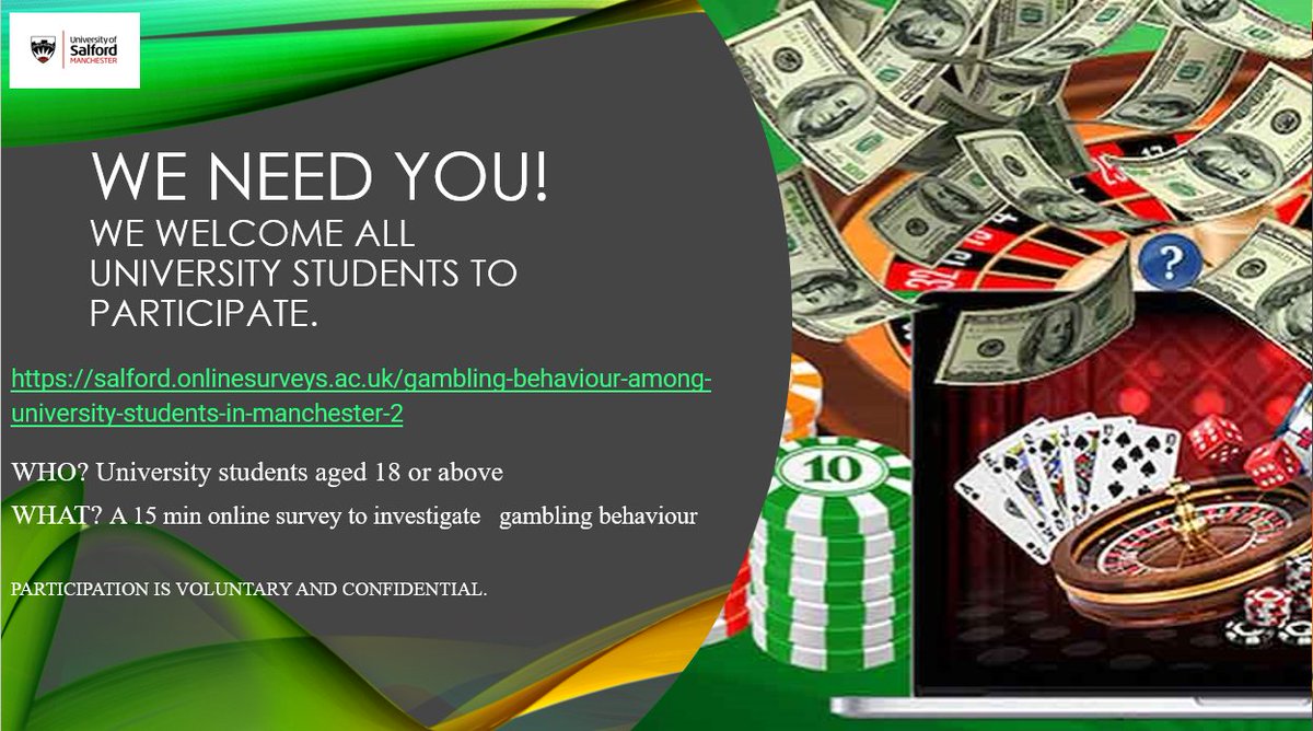 Hello Manchester!
I need your help guys!
Please complete the survey.
Here is the link to participate in the survey. It won't take more than 5 minutes to complete.
salford.onlinesurveys.ac.uk/gambling-behav…