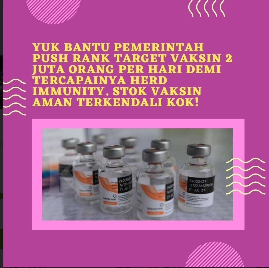 Yuk, kita semua bantu pemerintah penuhi target vaksin 2 juta orang/hari. Kita sebarkan info lokasi pelaksanaan vaksinasi, kita sebarkan info2 akurat dan valid ttg vaksin agar masyarakat paham mendesaknya vaksinasi demi herd immunity. #StokVaksinAman