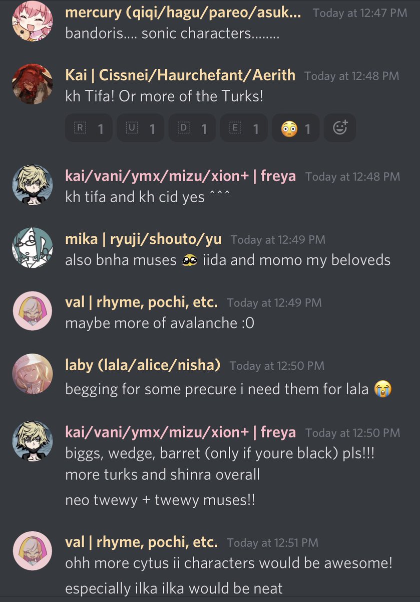 VERSECORD's tweet photo. Here are a list of muses, that haven’t been claimed yet, people want to see in the server! 
#devilmaycry #twewy #finalfantasy #Evangelion  #bandori #kingdomhearts #pmmm #precure #cytus2 #projectsekai #AceAttorney #persona5 #WorldsEndClub #ffxiii #ffvii #ffviii #ffXIV #fireemblem https://t.co/vd7AVWlfy5