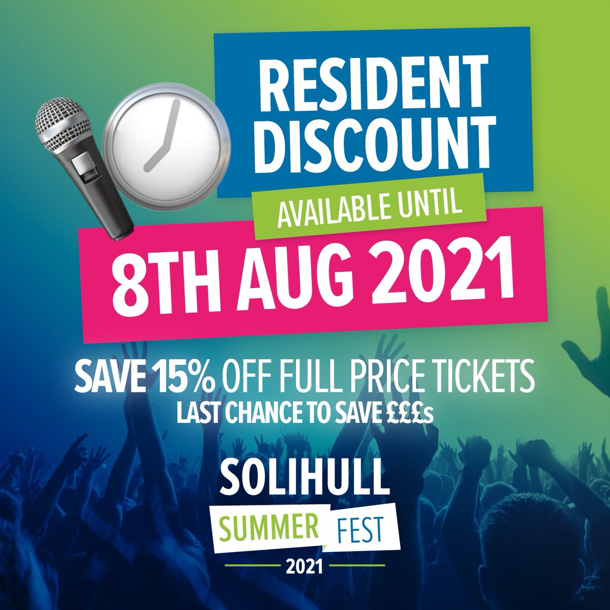 Following lots of requests to extend the Resident Discount we are now extending the offer until Midnight on Sunday 8th August 2021. HURRY!!!! 🏃‍♀️🏃‍♂️🏃‍♀️🏃‍♂️ THIS IS YOUR LAST CHANCE TO SAVE £££ FOR TICKETS: ON LINE 👉 tkt.to/solihullsummer… Code: RESIDENT15)