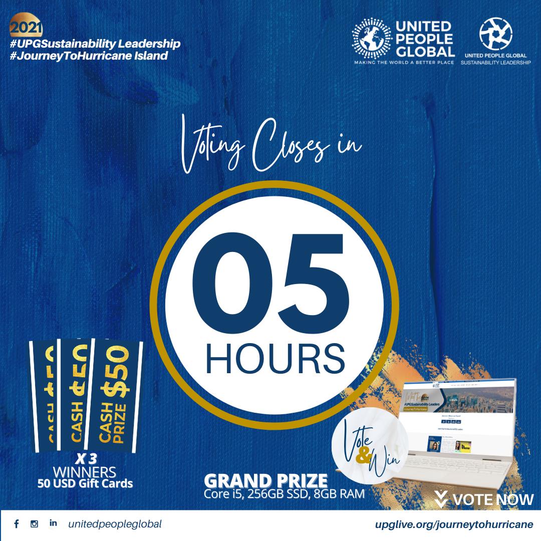 unitedpeople36's tweet photo. VOTING CLOSES IN 05 HOURS. Have you voted for your favourite #UPGSustainability Leader on the #JourneyToHurricane Island?🎁

You can win amazing cash prizes and a BRAND NEW LAPTOP COMPUTER!

Visit https://t.co/gUxtTVzsth to vote! https://t.co/MbP0KuMUrw