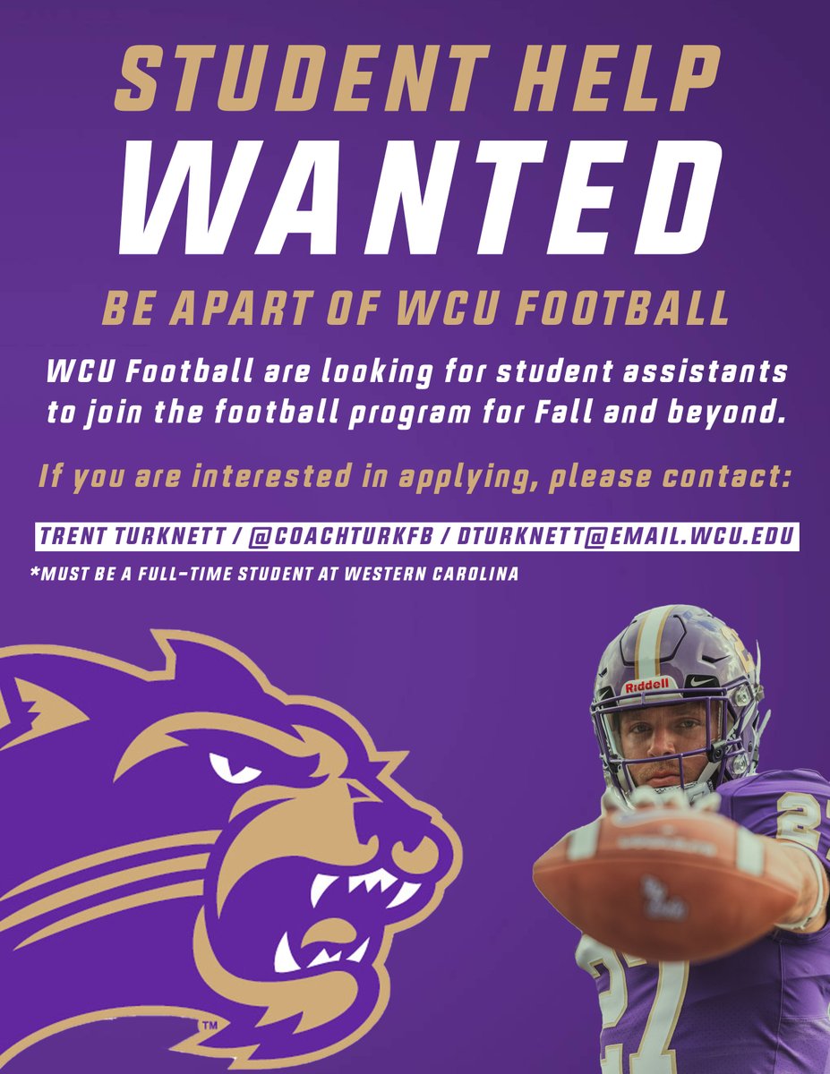 🚨Calling all WCU Students🚨

Are you looking to start your football coaching career, gain valuable experience and build connections?

Check out information below 👀⬇️