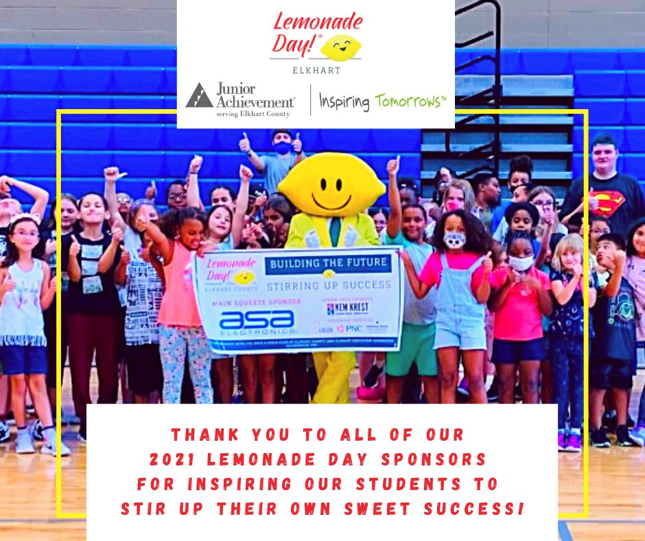 JALD_Elkhart's tweet photo. Our Lemonade Day 2021 sponsors are absolutely the ZEST!  A huge thank you for your support of our mission to help area students learn more about what it means to be an entrepreneur and run a business!  @ASAElectronics, @KemKrest, @TheGibsonEdge, @IndianaTrust, and @PNCBank https://t.co/61LO19fypO