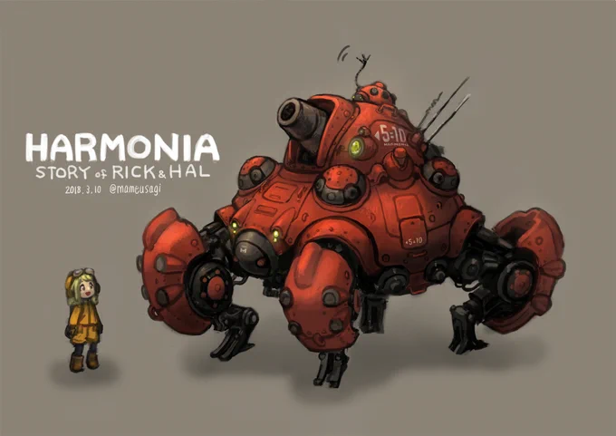 #発掘大作戦2021応募 
歩行戦車「HARMONIA(ハルモニア)」
この大きな機械は大昔の戦争で戦ってたみたい。
なにかと私を助けてくれる小さなロボット"HAL"が見せてくれた情報からはそれ位しか読み取れなかった。
昔のことはよくわからないけれど一緒に進む仲間ができて嬉しいな。
- 少女の手記より 
