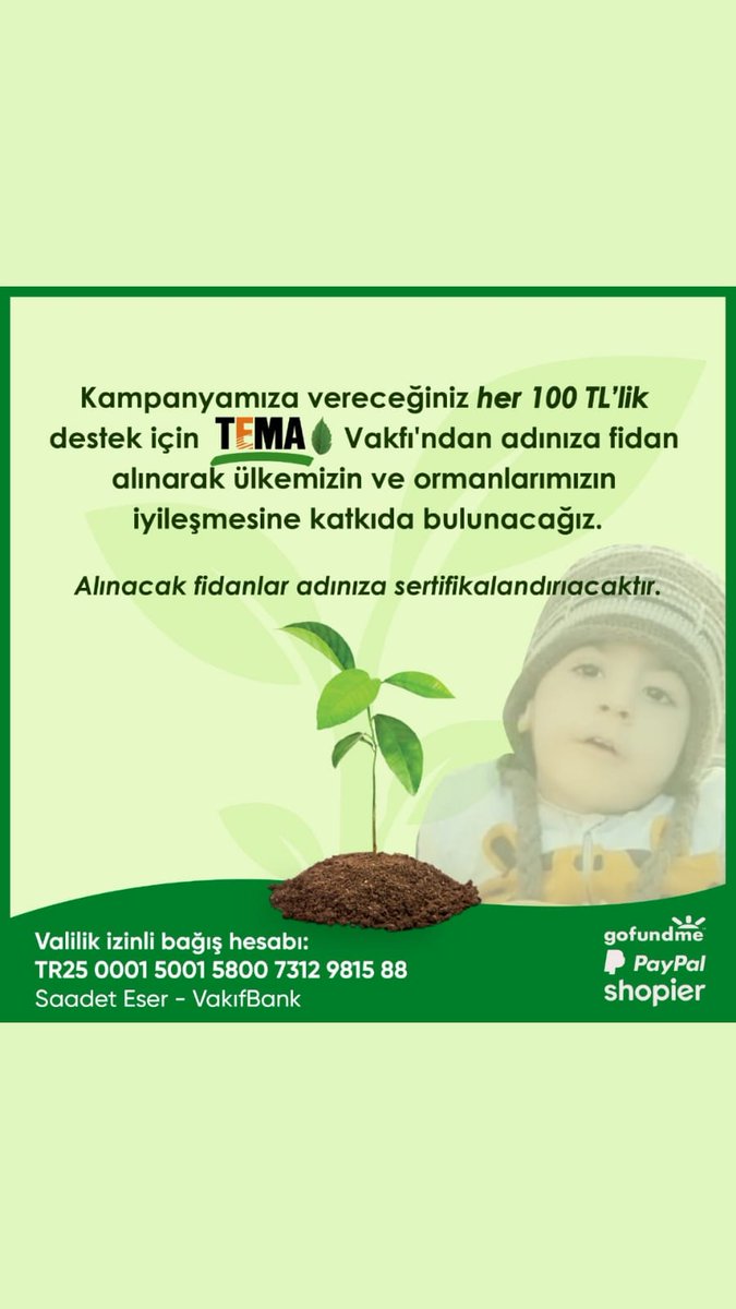 SmaTip1 hastası Beyazıt bebeğe bağışlanan her 100₺ için adınıza Tema vakfına 1 adet fidan bağışlanacaktır.
(Açıklama kısmına FİDAN ve Ad-Soyad yazarak instagram.com/smabeyazit.tip…… adresine gönderebilirsiniz)