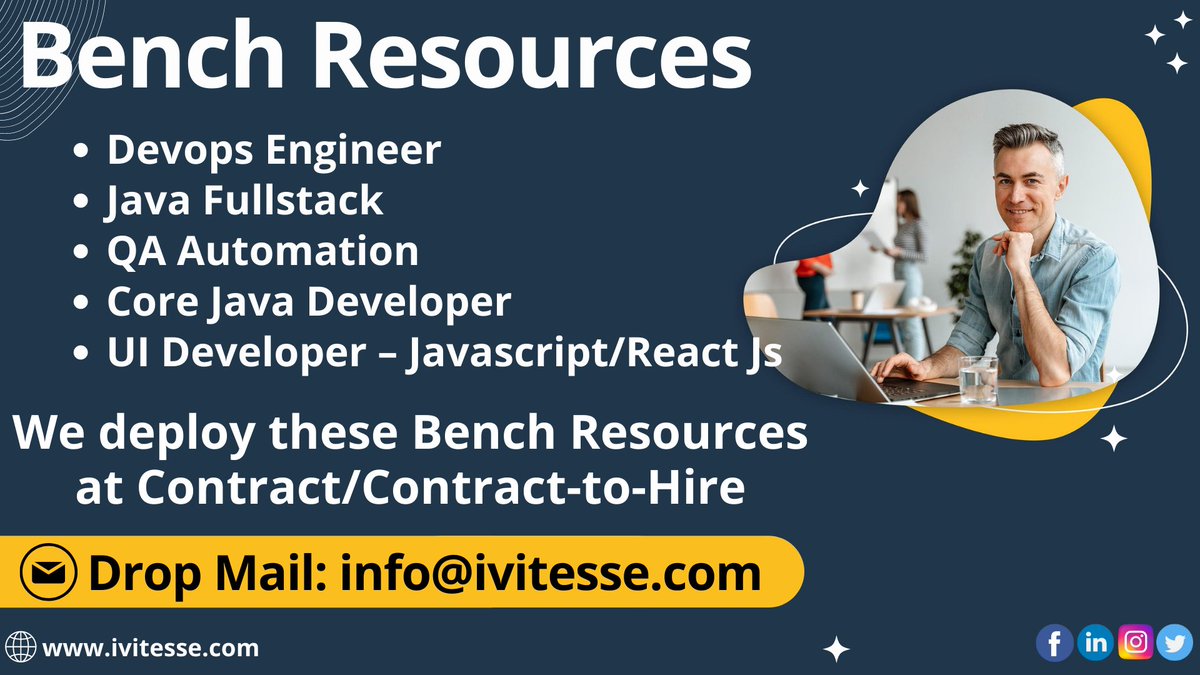 ivitessetech's tweet photo. 👉We Can Deploy these Bench Resources on Contract/ Contract-to-Hire.
📲Drop E-Mail: 📩 info@ivitesse.com
#benchresources #javafullstackdeveloper #uideveloper #qaautomation #devopsengineer #corejavadeveloper #resources #mail #ivitesse #ivitessetechnology https://t.co/Df3XZGYKYR
