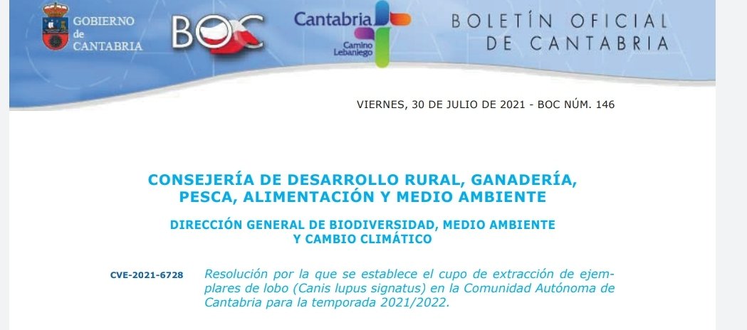 Para matar #lobos la 
#Cogobernanza funciona.  
Otros 34 lobos serán eliminados por caza y control letal en #Cantabria  <a href="/cantabriaes/">Gobierno Cantabria</a> <a href="/RevillaMiguelA/">Miguel Ángel Revilla</a> <a href="/prcantabria/">PRC Cantabria</a> <a href="/PSOECantabria/">PSOE Cantabria</a> !Y el <a href="/mitecogob/">Transición Ecológica y Reto Demográfico</a> <a href="/Teresaribera/">Teresa Ribera</a> sin utilizar el #BOE <a href="/boegob/">BOE</a> para impedirlo!
boc.cantabria.es/boces/verAnunc…