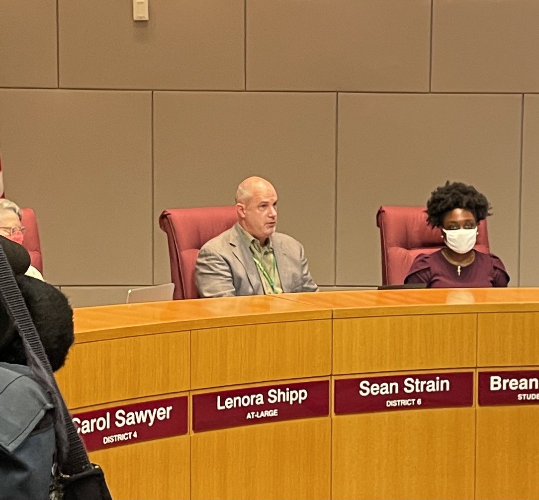 Brett_Jensen's tweet photo. .@CMSboard member Sean Strain is the only member on the dais not wearing a mask. He’s fully vaccinated and the state mask mandate ends today. https://t.co/ts9ArML0xU