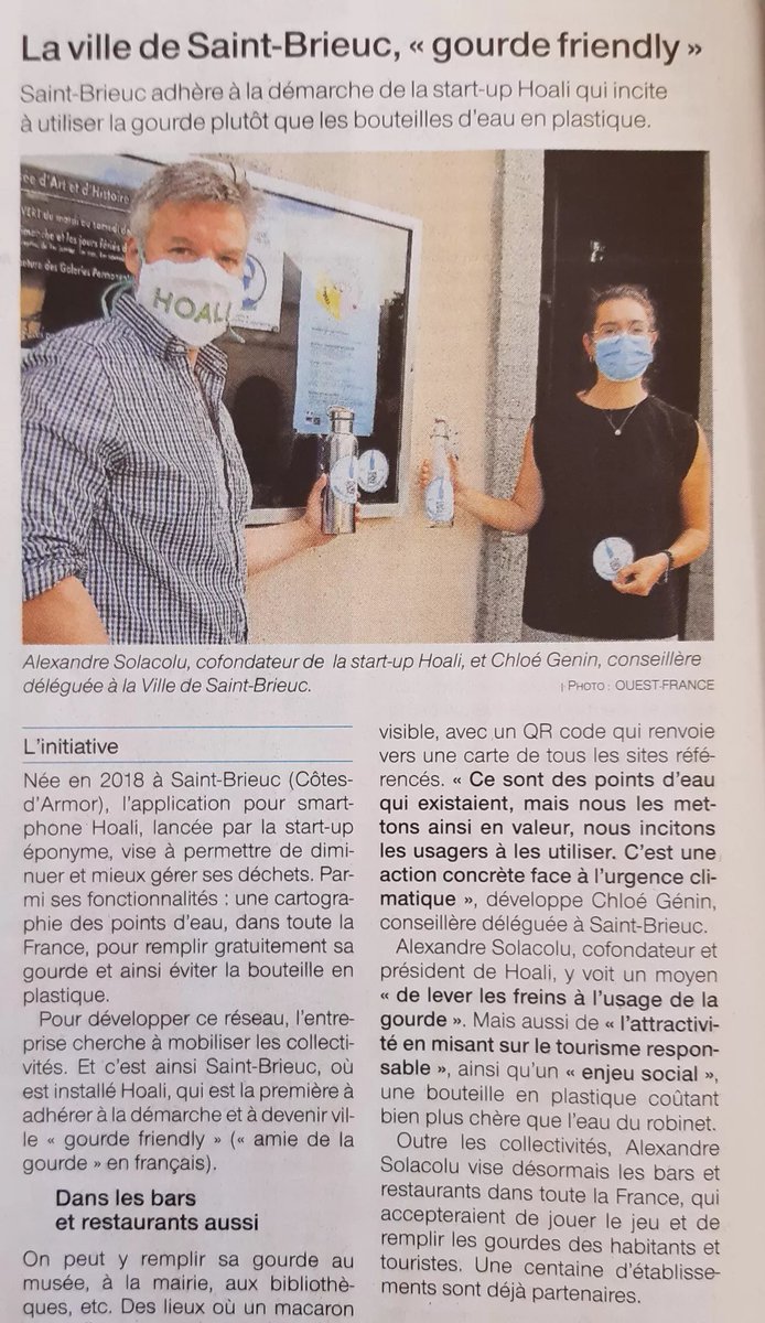 REVUE DE PRESSE🗞️
<a href="/StBrieucVille/">Saint-Brieuc</a> adhère à la démarche de la #startup <a href="/Hoali_org/">Hoali</a> qui incite à utiliser la gourde plutôt que les bouteilles d'eau en plastique ! 💧
Plus d'info👉bit.ly/3idUoS9