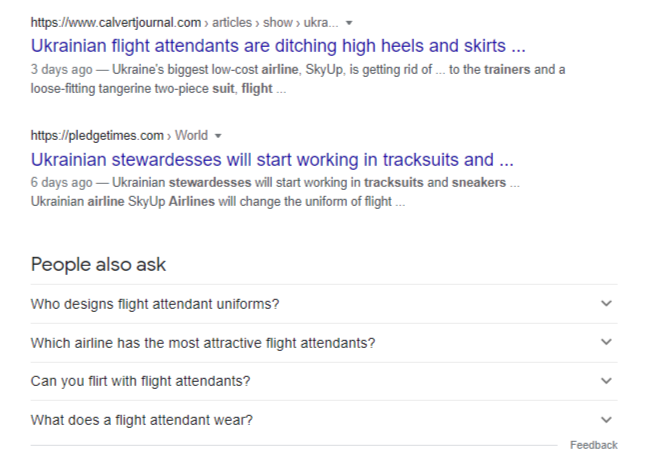 Nattii5's tweet photo. @amynicholson Wanted to share the story of stewardesses being allowed to wear trainers and trousers in Ukraine, googled it... and apparently people also ask 'which airline has the most attractive flight attendants?'🤦‍♀️ https://t.co/Q9l4L7e6no