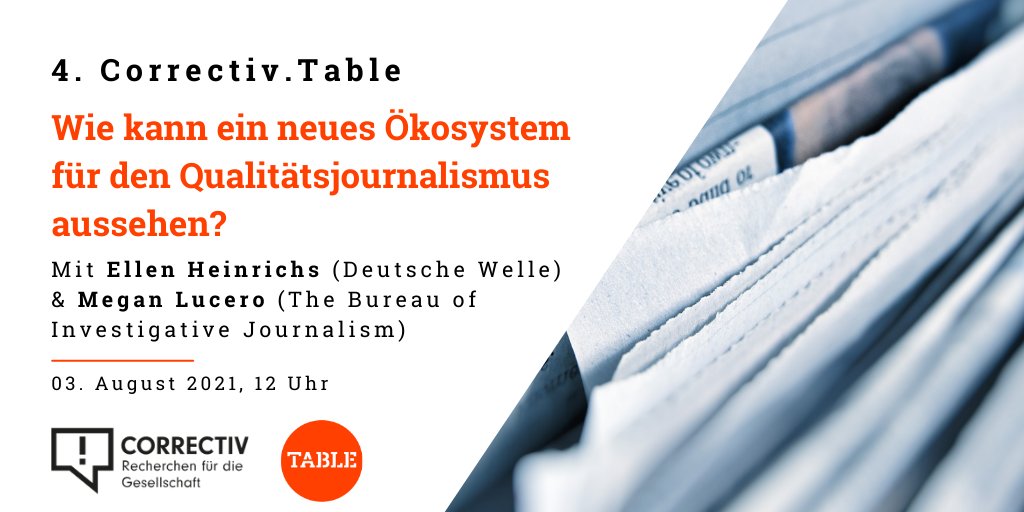 TableBriefings's tweet photo. .@correctiv_org und https://t.co/WclOgfxSBP wollen die Diskussion anstoßen, wie ein neues Ökosystem für Qualitätsjournalismus aussehen kann.

Zu Gast am 4. #CorrectivTable sind @ellen_sch von @DeutscheWelle &amp; @Megan_Lucero von @TBIJ.
 
Zur Anmeldung: https://t.co/au3AbNUrDx https://t.co/cEZOj8WP7T