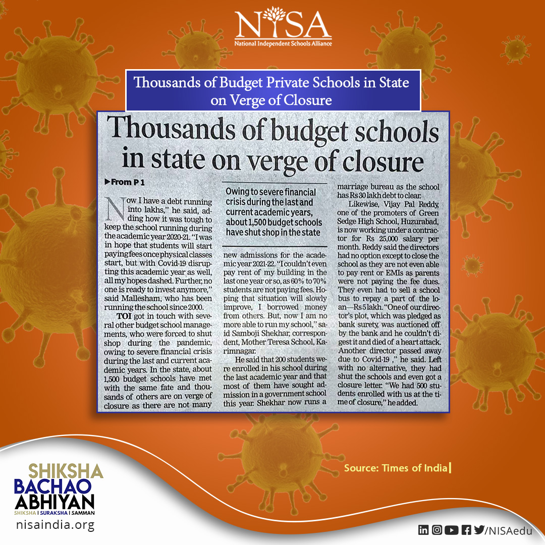NISAedu's tweet photo. Thousands of Budget Private Schools in State on Verge of Closure
@PMOIndia @PMOIndia @AmitShah @EduMinOfIndia @cbseindia29 @ndmaindia @India_NHRC @KBSfed
#SaveBPS #SaveEducation https://t.co/yWj9erpftu