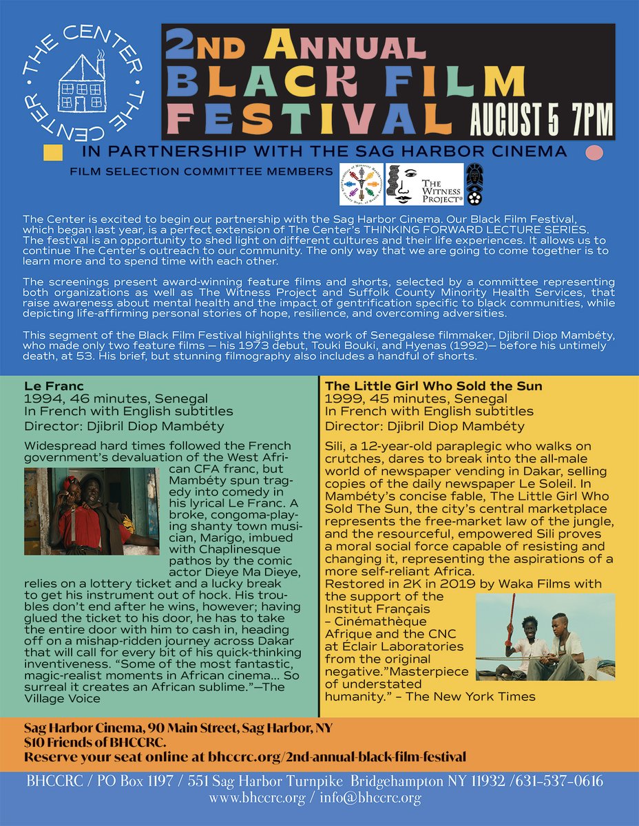 2nd Annual BLACK FILM FESTIVAL.  August 5, 7pm.  Sag Harbor Cinema. $10 Friends of BHCCRC. Reserve your seat online at bhccrc.org/2nd-annual-bla…