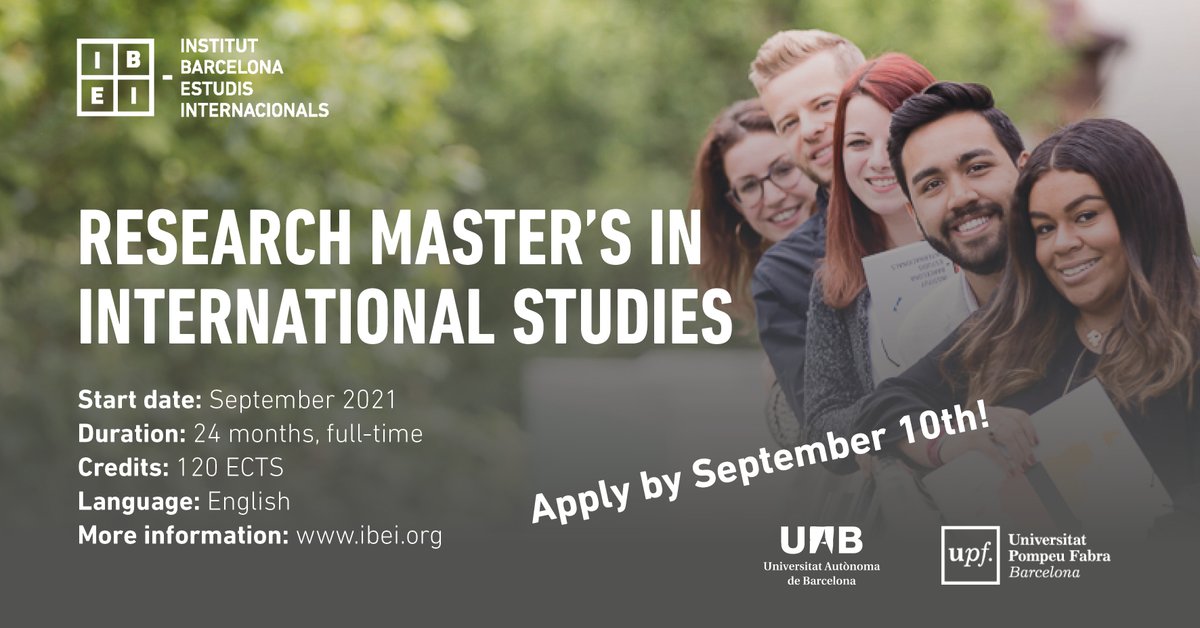 IBEI's tweet photo. 📣 Registration is still open for our #ResearchMaster's in #InternationalStudies!
✅ Advanced methods training.
✅ #Research skills to develop/consolidate your professional &amp; academic career.
✅ Excellent preparation to pursue a #PhD programme.
More info: https://t.co/SJrVbWKYa8 https://t.co/1YiRADhQEa
