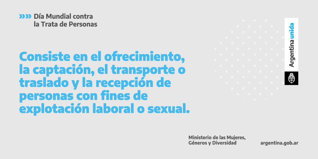 MinGenerosAR's tweet photo. En el Día Mundial contra la Trata de Personas, compartimos información sobre esta expresión de violencia de género que en nuestro país afecta sobre todo a mujeres y LGBTI+.
 
Trabajamos para avanzar hacia una Argentina libre de violencias.
 
#ArgentinaUnida #ArgentinaSinTrata https://t.co/xvIygTS7ey