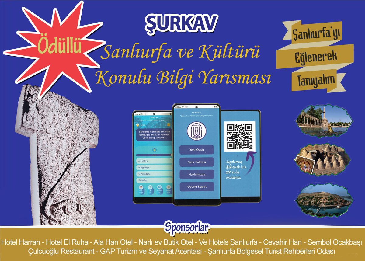 ŞANLIURFA VE KÜLTÜRÜ KONULU DİJİTAL BİLGİ YARIŞMASI 
Mobil marketlerden indirilebilen uygulamada 12 soruyu bilen ve çekilişe başvuru yapan katılımcılar arasından her ay çekiliş yapılacak ve İl dışından 10 kişi, İl içinden 10 kişiye ödül verilecektir.⤵️
qrco.de/bcD0K8