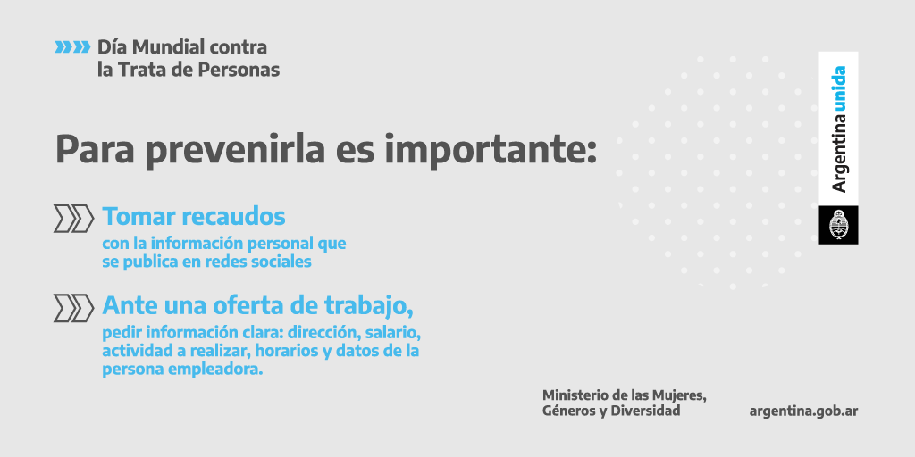 MinGenerosAR's tweet photo. En el Día Mundial contra la Trata de Personas, compartimos información sobre esta expresión de violencia de género que en nuestro país afecta sobre todo a mujeres y LGBTI+.
 
Trabajamos para avanzar hacia una Argentina libre de violencias.
 
#ArgentinaUnida #ArgentinaSinTrata https://t.co/xvIygTS7ey