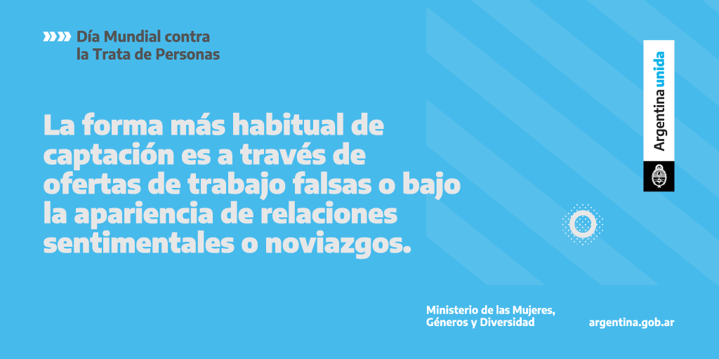 MinGenerosAR's tweet photo. En el Día Mundial contra la Trata de Personas, compartimos información sobre esta expresión de violencia de género que en nuestro país afecta sobre todo a mujeres y LGBTI+.
 
Trabajamos para avanzar hacia una Argentina libre de violencias.
 
#ArgentinaUnida #ArgentinaSinTrata https://t.co/xvIygTS7ey