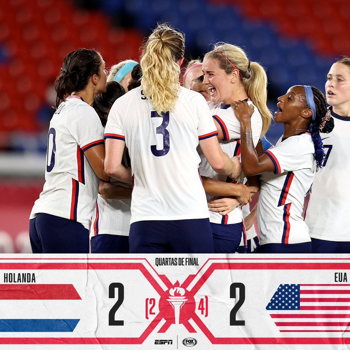 ESTADOS UNIDOS NA SEMIFINAL! 🇺🇸⚽⁣
⁣
Após empate no tempo normal e na prorrogação, Estados Unidos bate a Holanda nos pênaltis e está nas semifinais do futebol feminino em Tóquio! 🤩⁣
⁣
#ESPNTóquio #Tokyo2020 #espnWBrasil #FutebolNaESPN