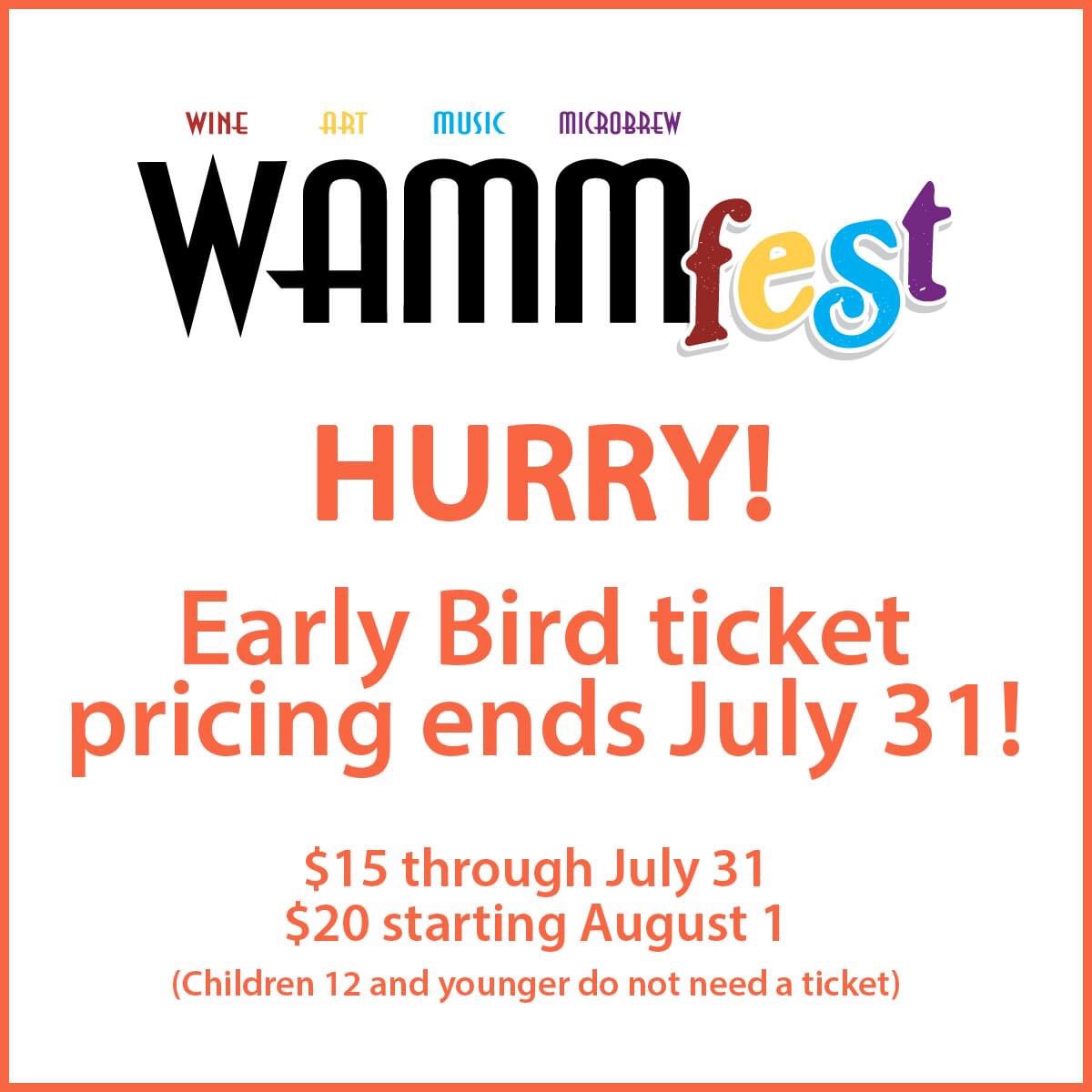HURRY! Be sure to grab your #WAMMfest21 $15 Early Bird tickets. You have through July 31 to get them. Starting August 1, tickets go up to $20.

🎟️🎟️🎟️ Get your tickets online now: wammfest.com/tix/Twitter

#Wine #Art #Music #Microbrew #SertomaClubOfGreenwood #FestCountryIN