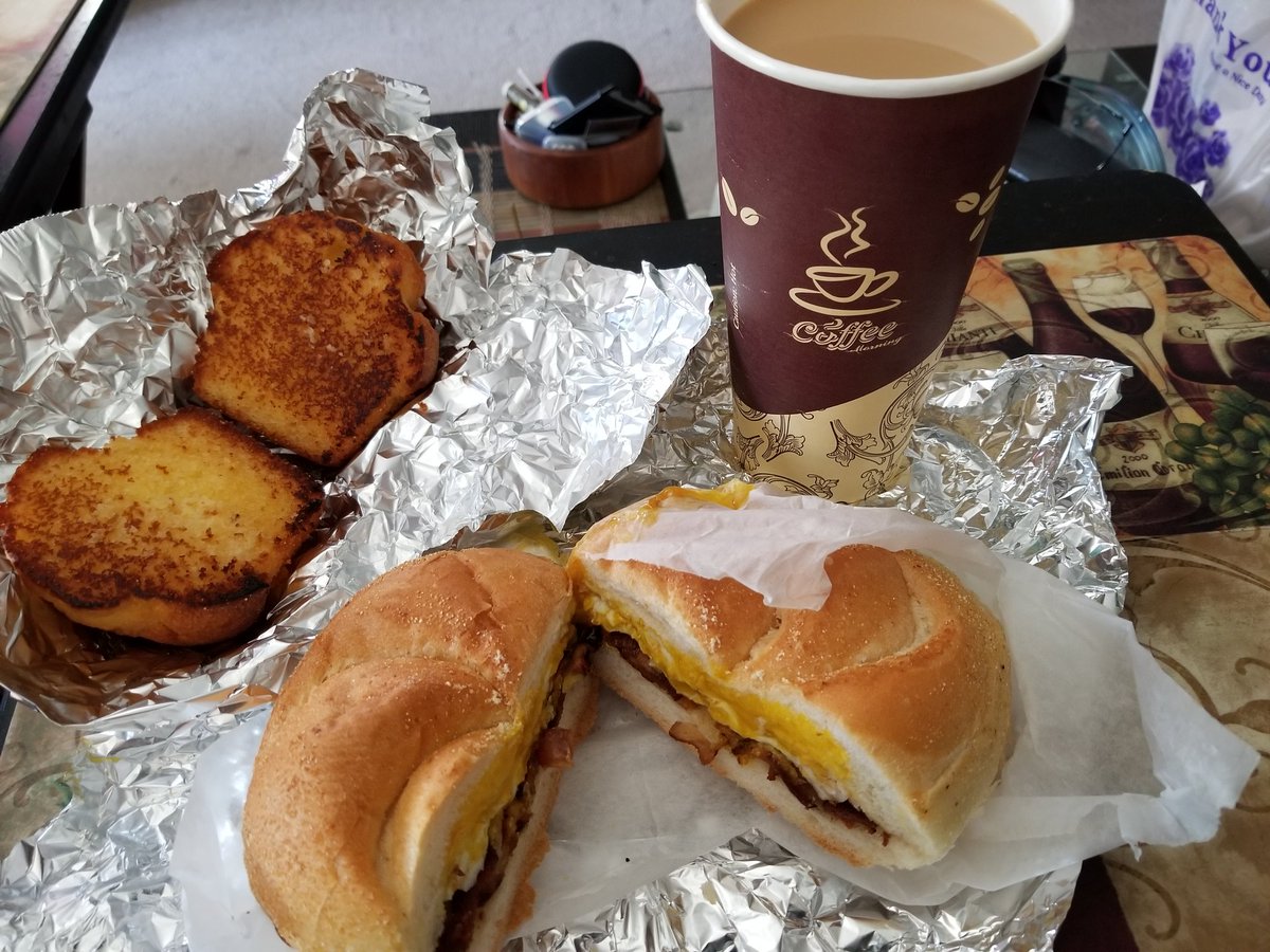 #BreakfastTime From The Deli #EggsBaconOnARoll #ToastedCornMuffin #Coffee #Yummy