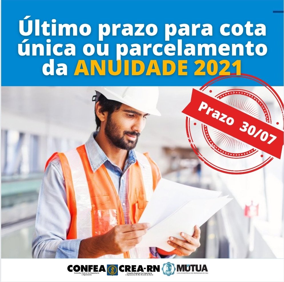 RN_CREA's tweet photo. Termina nesta sexta(30), prazo para cota única ou parcelar em até 6 vezes a Anuidade 202. Acesse  https://t.co/UQi5JFxH9y - entre em seu ambiente profissional - Financeiro - Anuidade. https://t.co/qHuBw9U2ce