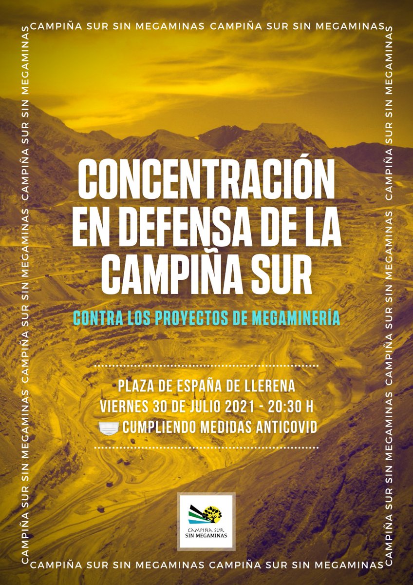 ⏰Hoy es el día!! Manifestación en contra de los PROYECTOS DE MEGAMINERIA en la Campiña Sur, a las 20:30 en la plaza de Llerena.
📣 Se llama a todos los pueblos de la Campiña, a todo aquel que defienda un desarrollo sostenible para nuestra tierra.