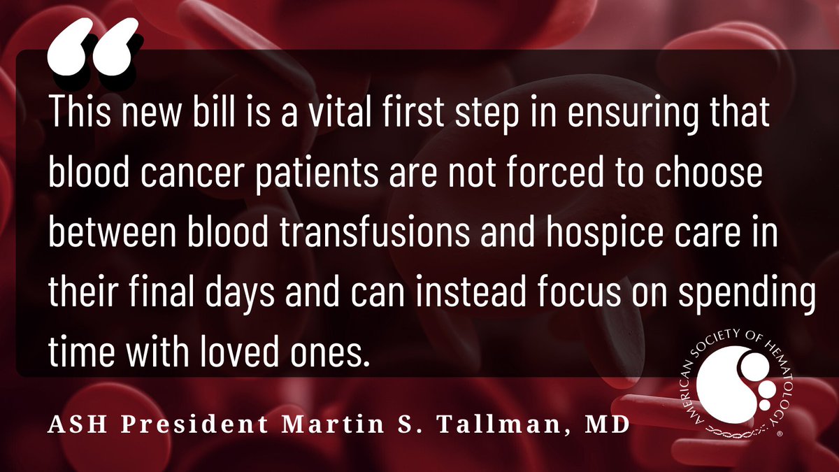 We 👏 👏 <a href="/SenJackyRosen/">Senator Jacky Rosen</a>, <a href="/SenJohnBarrasso/">Sen. John Barrasso</a>, <a href="/SenatorBaldwin/">Sen. Tammy Baldwin</a> for introducing a bipartisan bill to increase access to palliative blood transfusions for patients with the Medicare hospice benefit. Read the full statement:  loom.ly/t5Wn7rk #Fight4Hematology