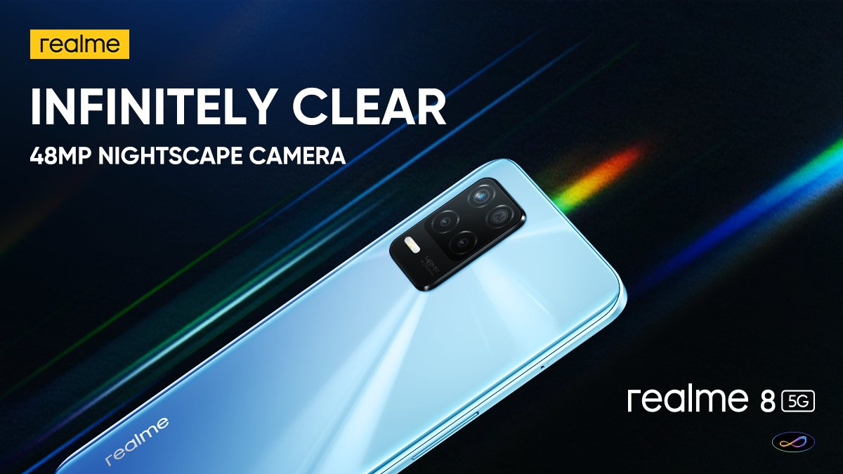 realmeIndia's tweet photo. Enjoy lightning speed with infinite clarity! 
The 48MP Nightscape Camera of the #realme8 5G offers crystal clear images with rich picture quality.  #5GSpeedToInfinity   

Buy now: https://t.co/3Pagfl3LyG https://t.co/JcrCCeLFkF