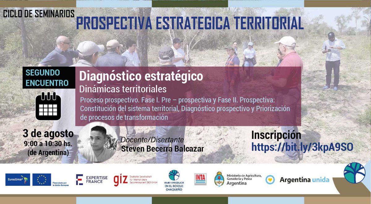DIAGNÓSTICO ESTRATÉGICO. DINÁMICAS TERRITORIALES
Disertante: STEVEN BECERRA BALCAZAR
🗓️  Martes 3 de agosto de 2021, de 9:00 a 10:30 (hora Argentina)
🖥️  Transmisión en vivo por YouTube del INTA Salta-Jujuy. 
✏️ LINK para realizar la inscripción bit.ly/3kpA9SO