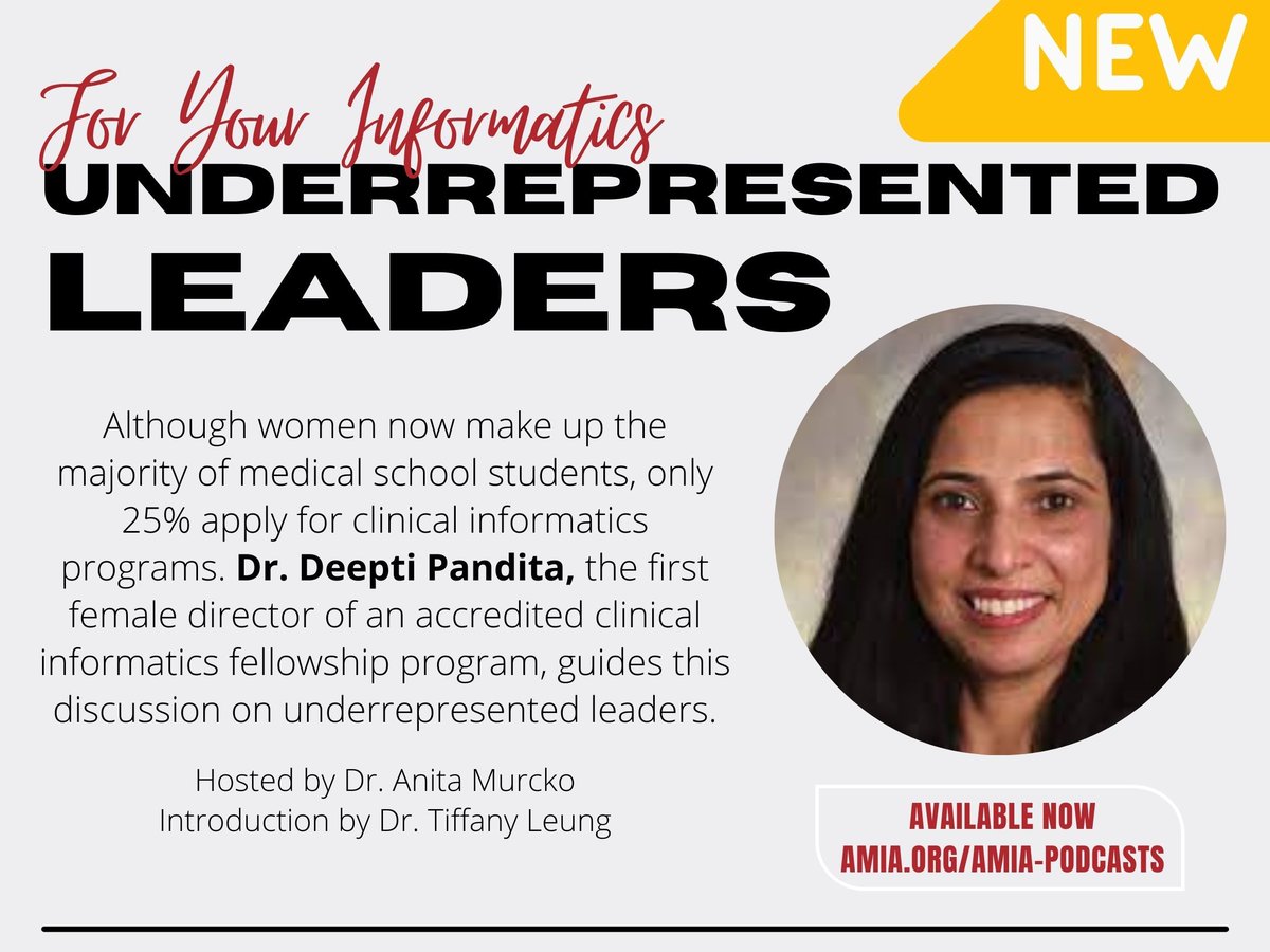 FYInformatics's tweet image. NEW EPISODE ALERT! @MDDeepti joins @docacm in a discussion on &apos;Underrepresented Leaders&apos; in Clinical Informatics Fellowships. Listen and Share! @TLeungMD @AMIA @ACIFellows @amiastwg #WomeninLeadership #ClinicalInformatics #CIFellowships #ForYourInformatics #WomeninAMIA #Leaders