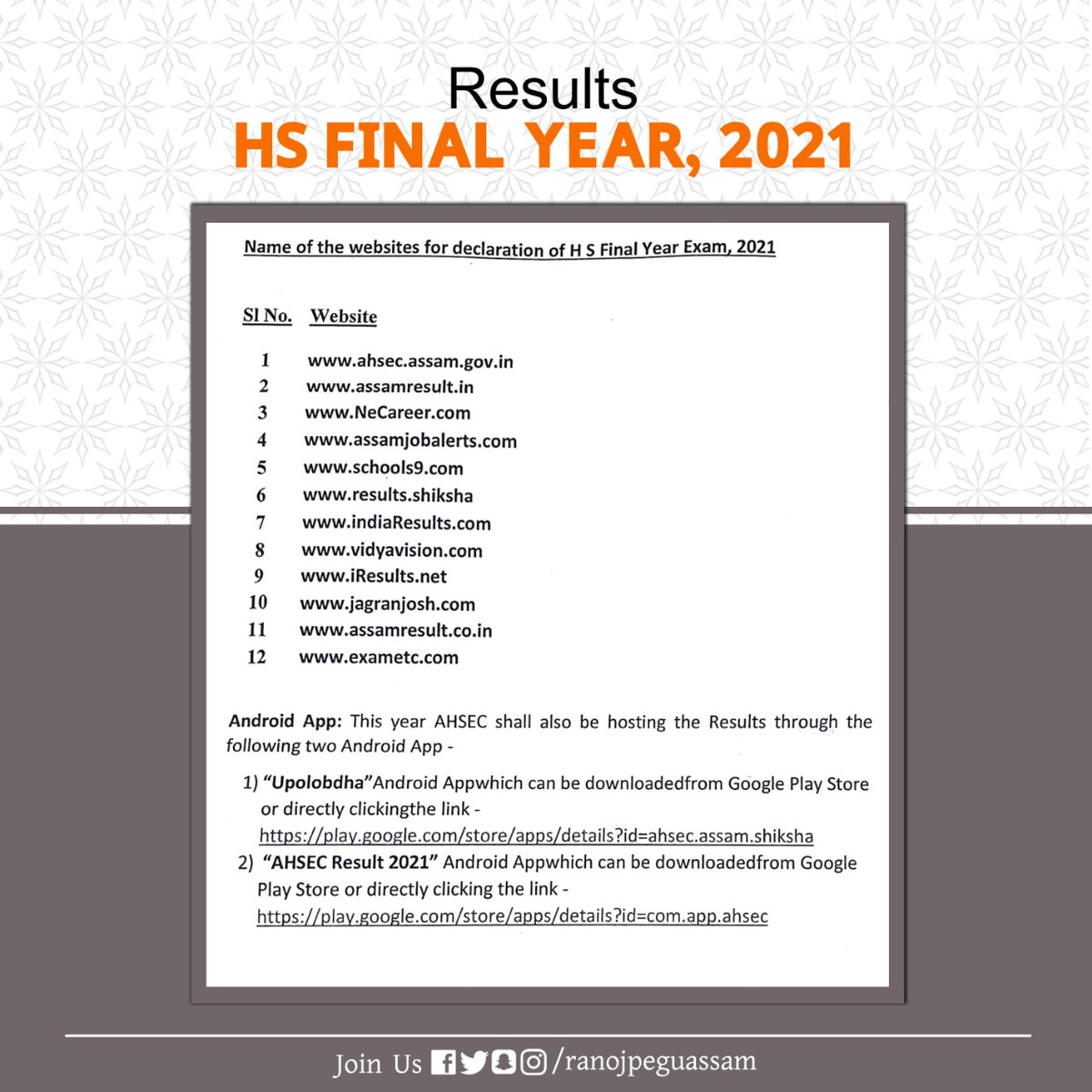 ranojpeguassam's tweet photo. The HS Final Year Results will be available on these websites and mobile application tomorrow.

My best wishes to all the candidates. https://t.co/yMeqPLvGhP