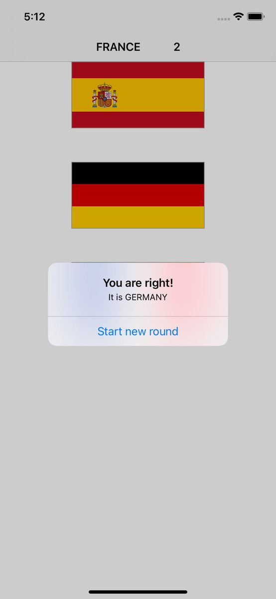 MrBucha7's tweet photo. #100daysOfSwift Days 19-21. Today we’ve created a small game, where a user must choose the correct flag. I’ve learnt asset catalogs, CALayer, UIColor and UIAlertController. https://t.co/sA5mShQRwT