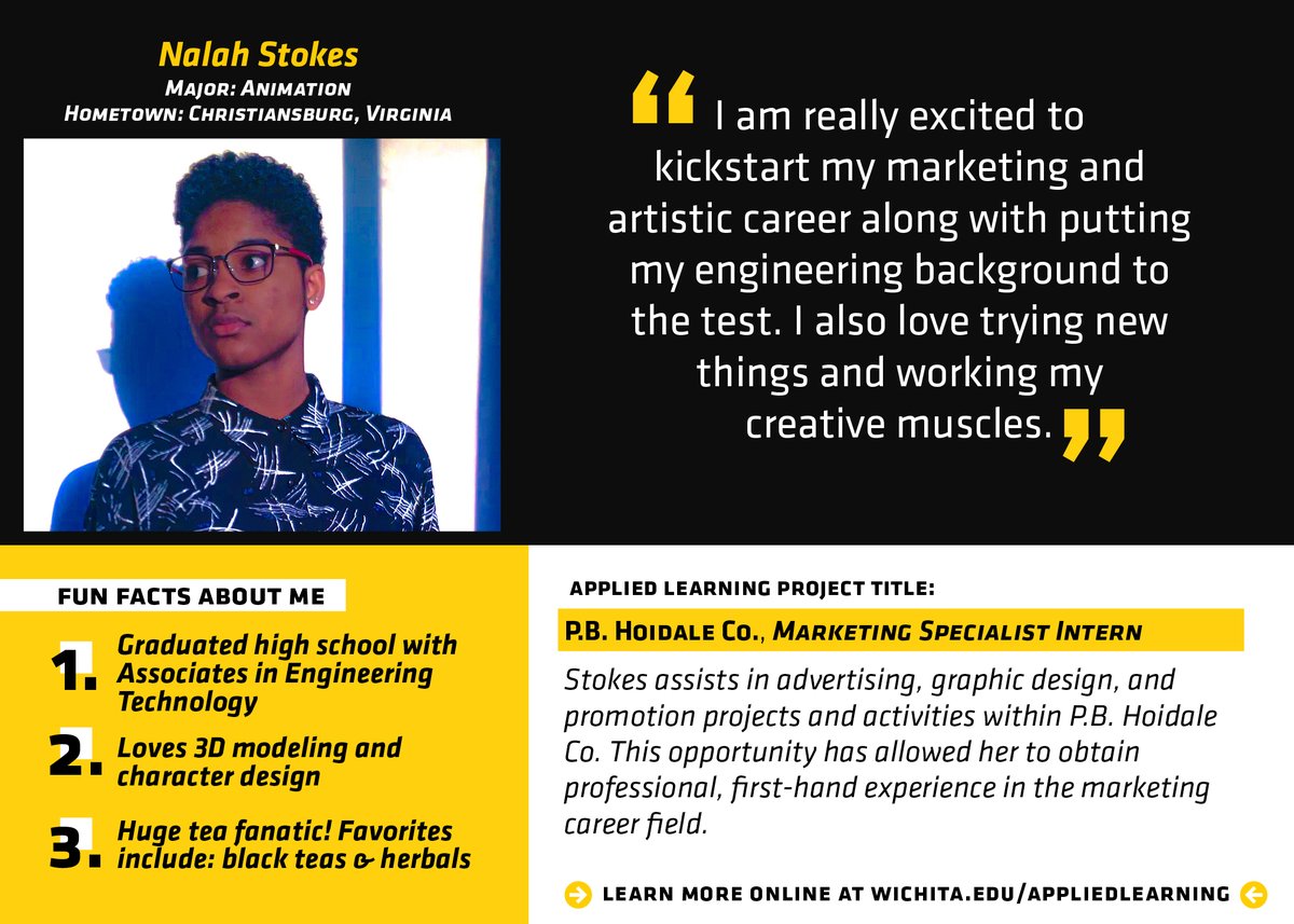 ShockerCareer's tweet image. ⭐ #NationalInternWeek 🤩

🎉Congrats to @WichitaState Animation major, Nalah Stokes! She is a Marketing Specialist Intern for @PBHoidale &amp;amp; assists with graphic design &amp;amp; promotions. We love to see career successes! 

@WSU_FineArts #MyCareerStartsHere #WSUNow #AppliedLearning