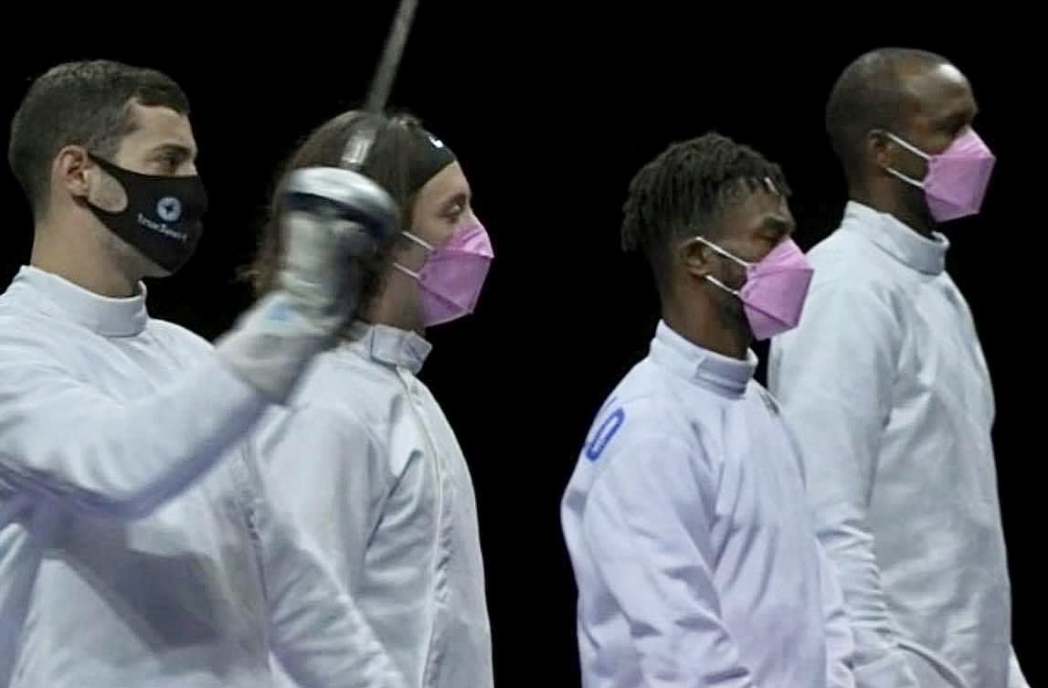 #TeamUSA men’s epee team wore pink masks for their opening match at the Olympics as a show of support for sexual assault victims. Alen Hadzic— their teammate accused of rape and sexual assault— is on the left. Kudos to the team for taking a stand. #BelieveWomen