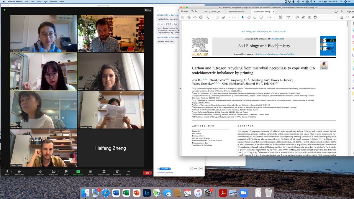 RouskLab's tweet photo. Today's @RouskLab meeting: Journal club! Considering imaginative ways to infer #necromass production in #soil and if #Nmining from it can limit the #microbial susceptibility to #priming by #labilecarbon... Interesting! #microbialdeath #overlookedexplanations https://t.co/xXWkMx0TTz